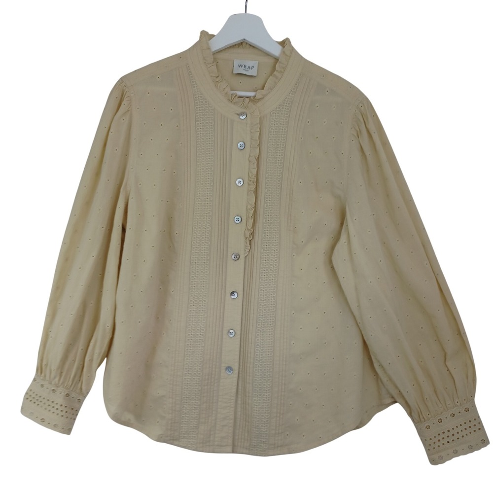 Wrap London Yellow Cotton Eyelet Pintuck Ruffle Blouse US 14 Victorian Boho